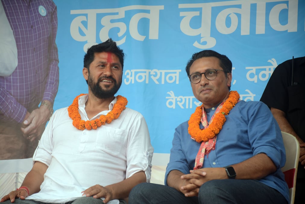 In the upcoming by-election, RSP chair Rabi Lamichhane (left) will contest his own vacated House seat against the NC’s Jeet Narayan Shrestha and UML’s Ram Prasad Neupane in Chitwan-2, while Swarnim Wagle (right) will challenge Govinda Bhattarai of NC in Tanahu-1. Photo: KRISHNA NEUPANE