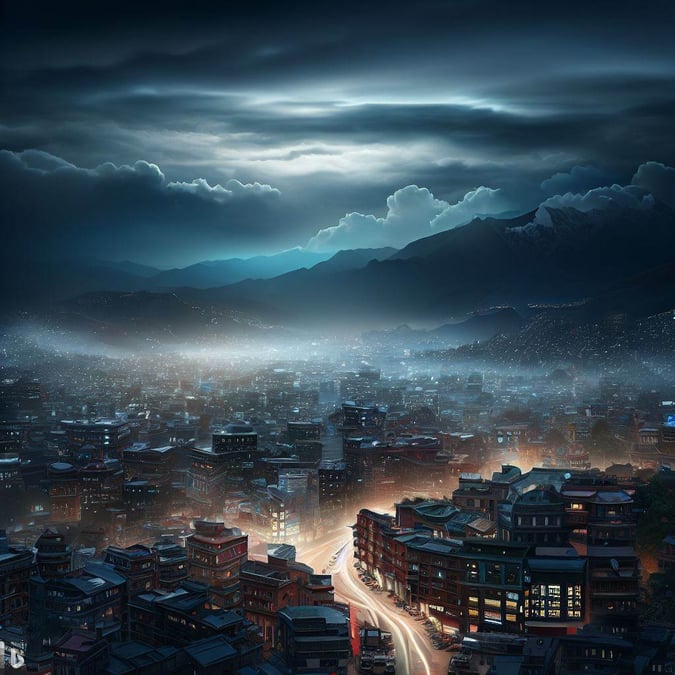 PROMPT: Ultra-realistic, insanely high-resolution photo of Kathmandu in graphic detail. Create a cinematic view, city lights, white clouds over the hills, hazy atmosphere, concrete buildings. All prompts: NARESH NEWAR