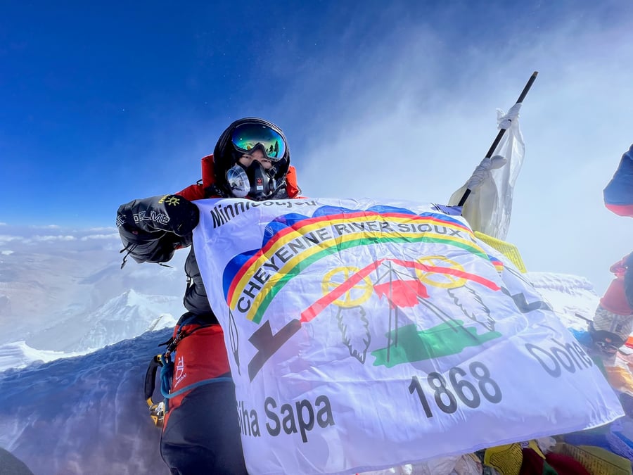 Jacob Weasel proudly carried the Cheyenne River Sioux flag to Everest. The flag symbolises his heritage, and is meant to awareness about his tribe's struggles. Photos courtesy: JACOB WEASEL