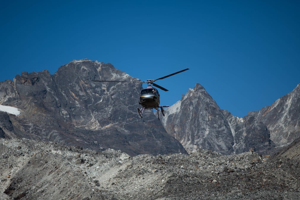 Rescue helicopter approaching the HRA Pheriche Aid Post. Photo: Konstantinos Sofikitis