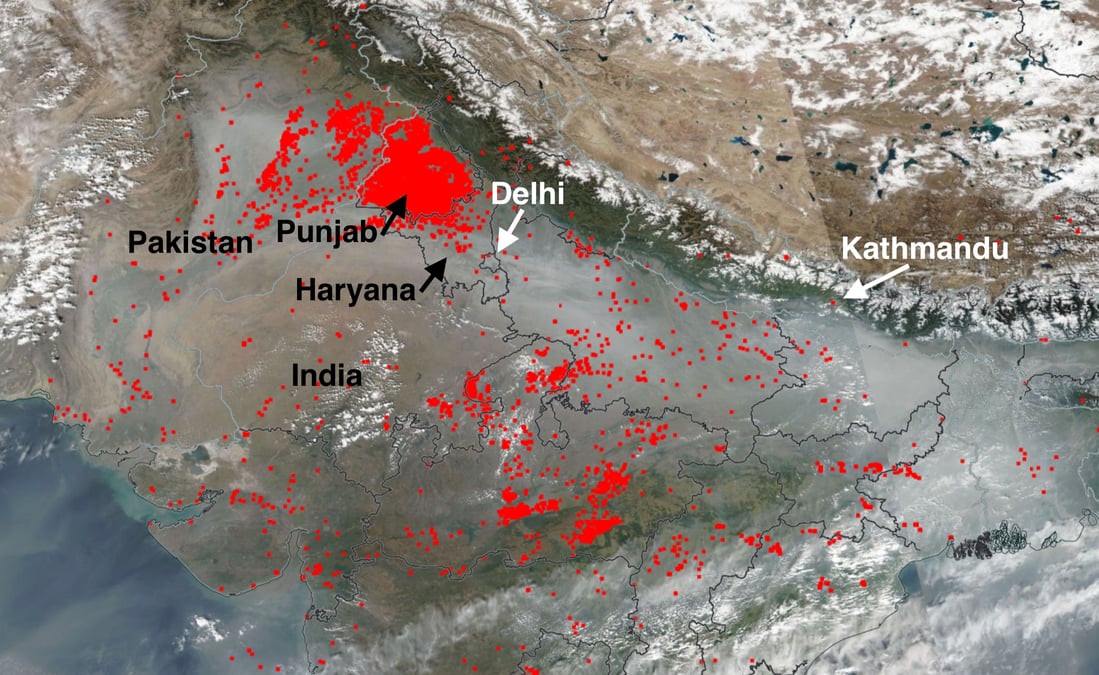 ON FIRE: Smoke mainly from stubble fires in India and Pakistan blowing across the Gangetic Plains up the valleys to the mountains, including to Kathmandu in this NASA FIRMS satellite image taken on Wednesday morning. Each red dot is a fire source detected by infrared sensors in space.