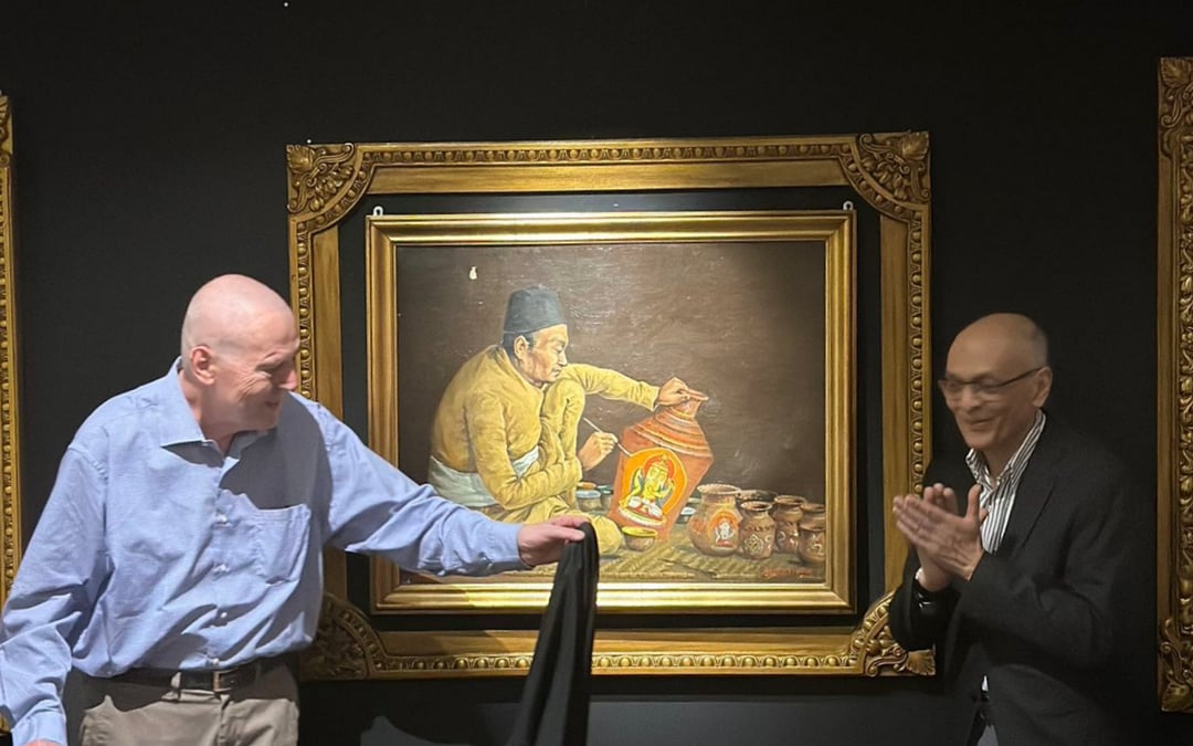 Former Danish diplomat Michael Vinding (left) and Madan Chitrakar at the unveiling of Tej Bahadur Chitrakar's painting The One Who Creates a Creator at the Museum of Nepali Art on 18 April. Photo: MUSEUM OF NEPALI ART