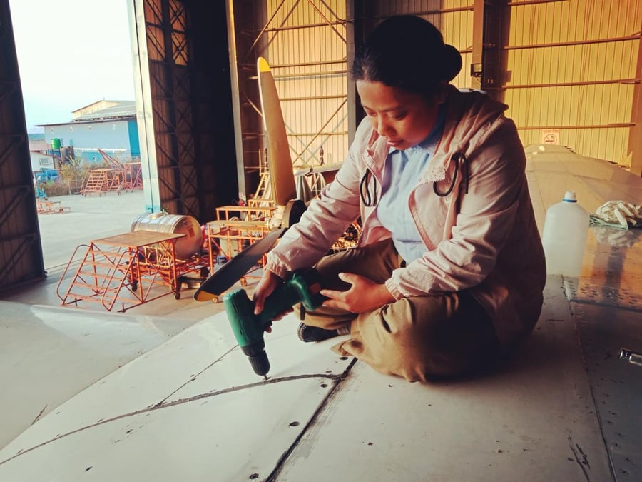 Samjhana Sidale opening up a dorsal panel of an ATR-72 to inspect its wing spar at the Buddha Air hangar at Kathmandu airport. She is one of few aircraft technicians in a male-dominated profession. All photos: BUDDHA AIR
