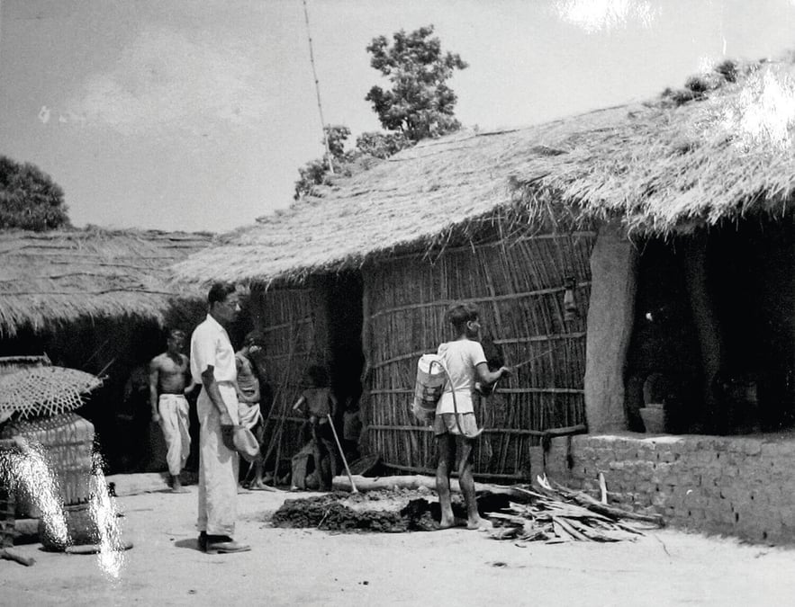 PRE-PARK: A US-supported DDT spraying campaign against malaria in Chitwan in the 1950s that opened the valley to trans-migration of farmers from the hills. The Tharu people were partially immune to malaria. Photo: USOM RECORDS, US NATIONAL ARCHIVES, COLLEGE PARK, MARYLAND