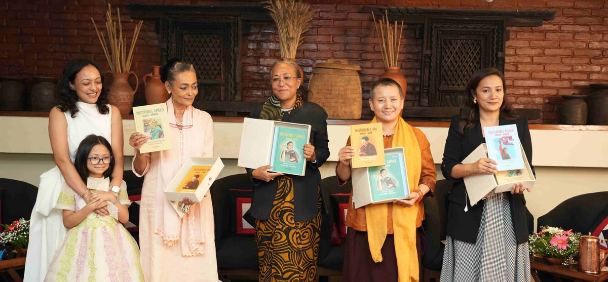 HEROINES: Book launch on 1 September with (left to right) Luja Mathema and her daughter, Sangeeta Shrestha, Sapana Pradhan Malla, Ani Choying Drolma and Pasang Lhamu Sherpa's daughter Dawa Futi. Photo: KUNDA DIXIT