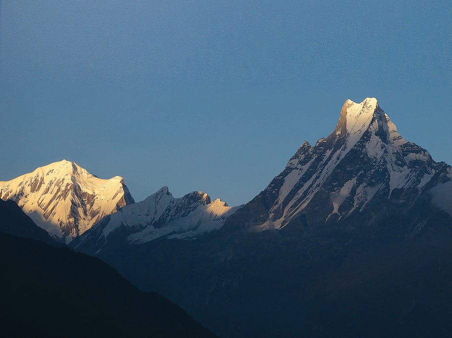 Sunset on Machapuchre as seem from Mulde Peak. Photo: KUNDA DIXIT