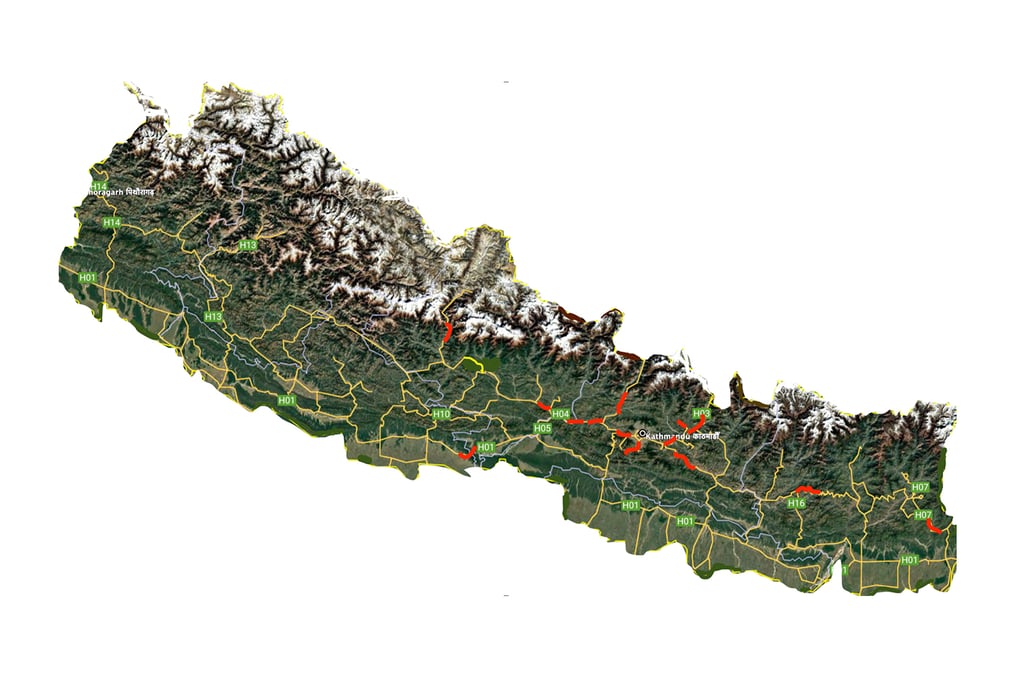Blocked and damaged sections of major roads in Nepal after the floods on 27-28 September.