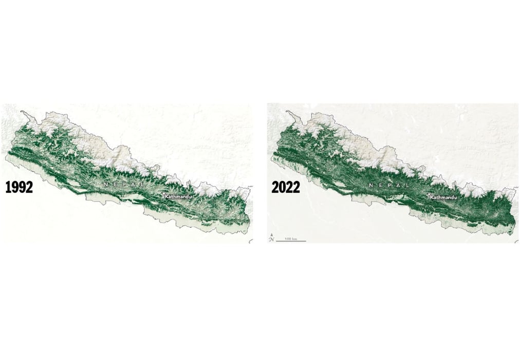 SEEING FORESTS AND TREES: Nepal reaps rewards for doubling its forest cover in 30 years. Maps: NASA EARTH OBSERVATORY