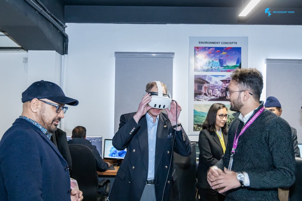 VIRTUAL WORLD: Prince Edward, the Duke of Edinburgh, watched on a VR headset a local animation designed by Incessant Rain Studios in Kathmandu on Wednesday. Photos: INCESSANT RAIN STUDIOS