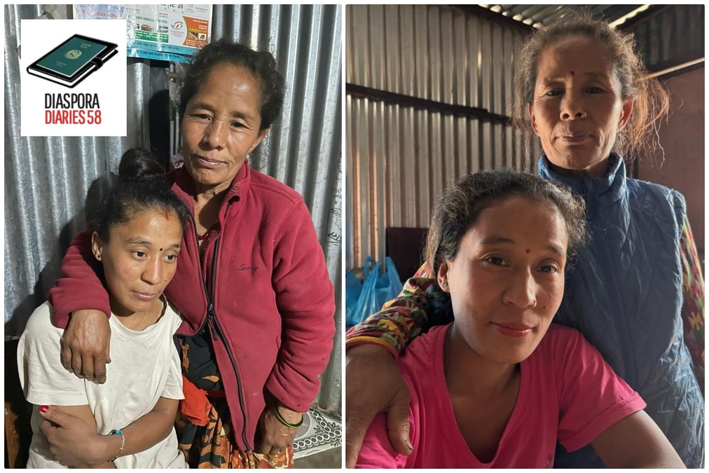 ANOTHER LIFE: Sajita Lama with her mother in 2022 (left), after returning from Lebanon where her employers did not pay her for 12 years of domestic work, and Lama with her mother today (right).
