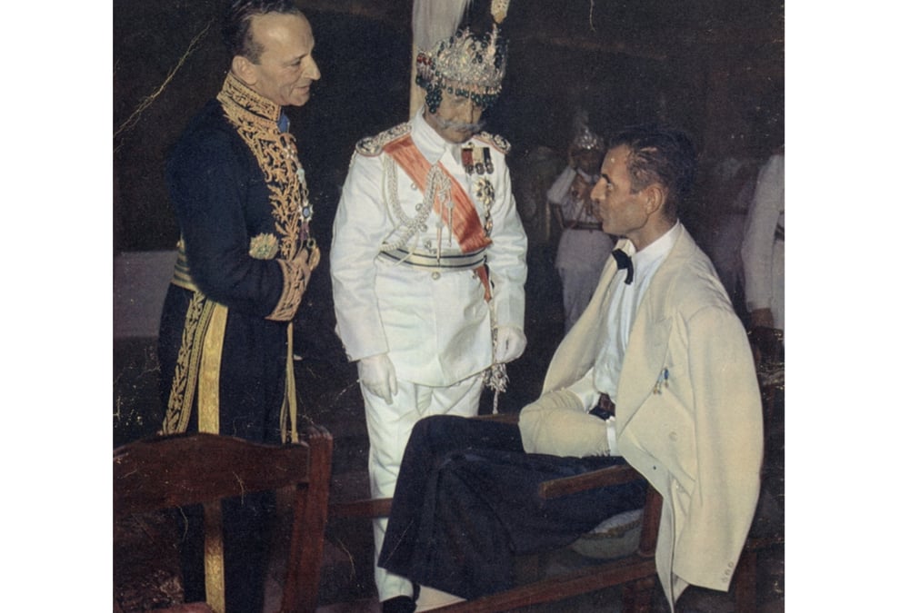 WELCOME BACK: Nepal's Prime Minister Mohan Shumsher Rana in a jewel-bedecked crown welcomed Maurice Herzog at Singha Darbar after his expeiditon's first ascent of an 8,000m peak in 1950. Herzog had to have all his fingers amputated due to frostbite on descent from Annapurna I. In the presence of the French Ambassador, Mohan Shumsher conferred on Herzog the Gorkha Khukri Cross, saying: "We welcome you here as a very brave man." This is one of the photos at the exhibition, commemorating the 75th anniversary of the climb.
