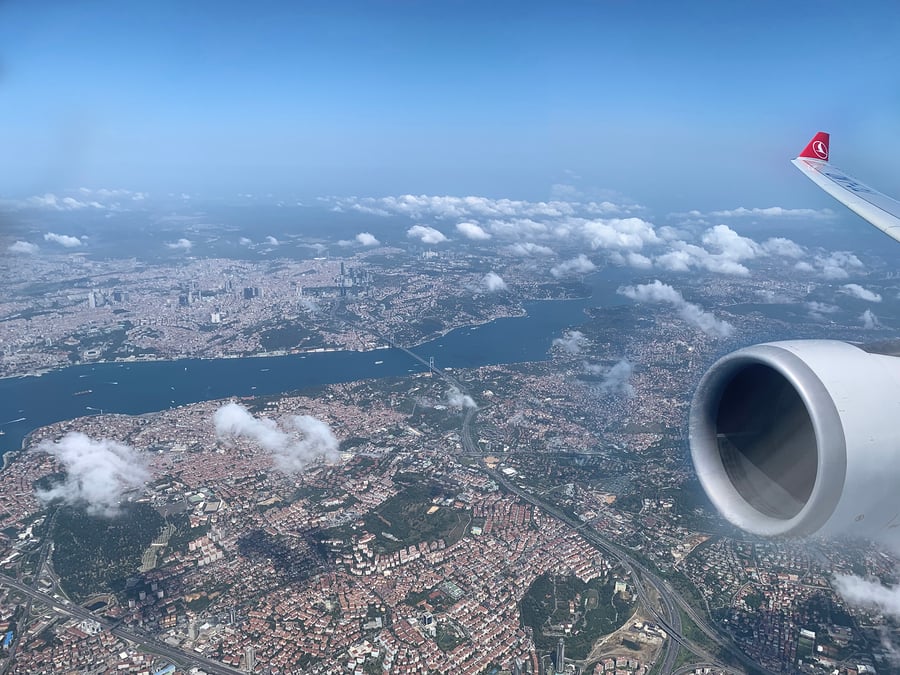 INTERCONTINENTAL: A Turkish Airlines Airbus A330 from Kathmandu flies over the Bosporus as it approaches Istanbul Airport. The carrier is the only one connecting Nepal directly with Europe. Photo: KUNDA DIXIT