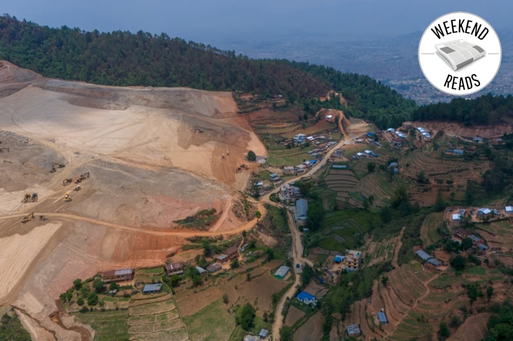 PLOT THICKENS: Drone image of housing site that has encroached on a community forest and farmers' homesteads in Suryabinayak. The developer does not have the necessary permits to build. Photos: AJAY HAKAJU