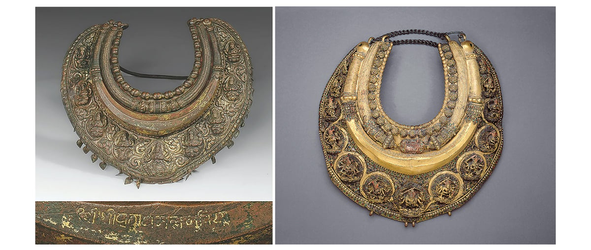 AWAITING RETURN: Matrika and Taleju necklaces side by side.