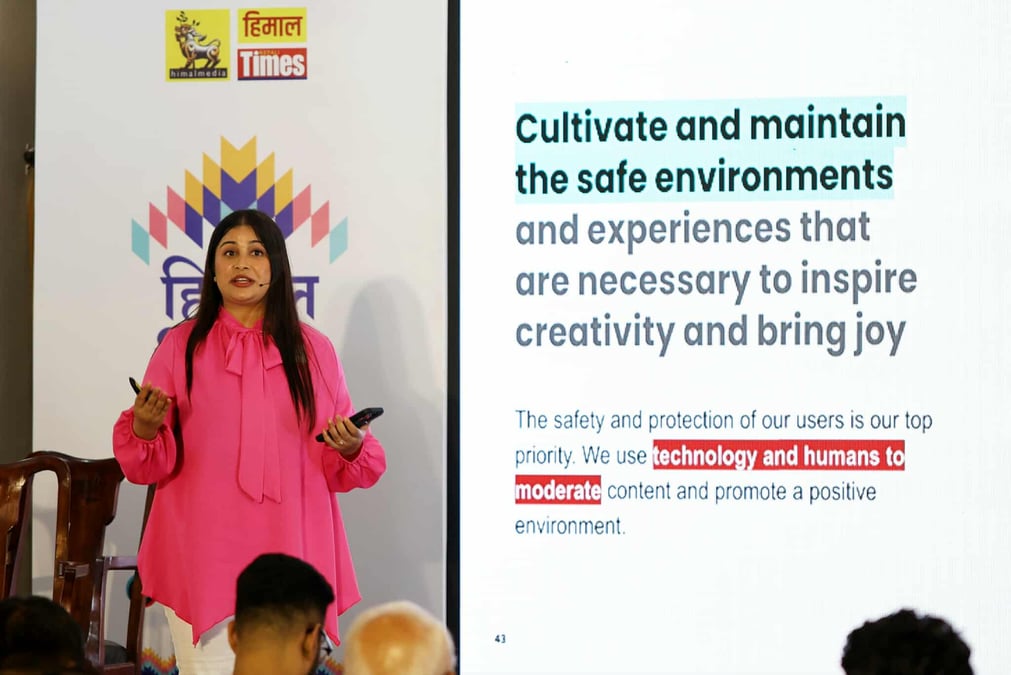 SAFETY FIRST: Mamta Siwakoti of Tiktok speaking about safety and privacy issues on digital platforms, especially with Generative AI tools, at the Himal Media Mela on 25 July. Photo: SUMAN NEPALI