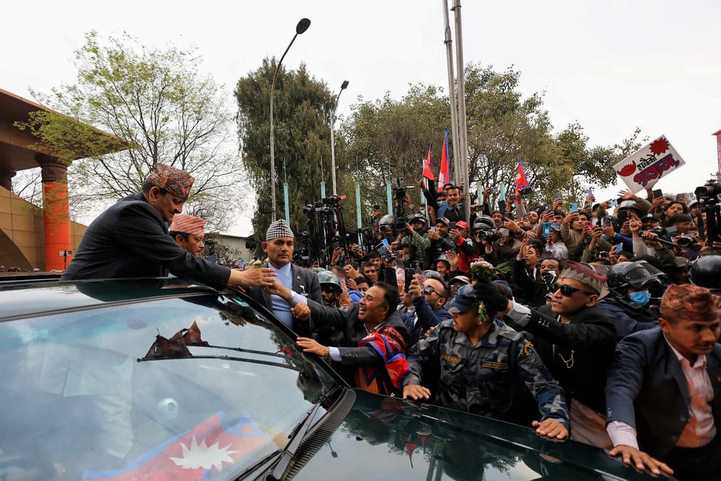Former king Gyanendra Shah received a royal welcome as supporters thronged airport on his return from Pokhara in March. Photo: SUMAN NEPALI