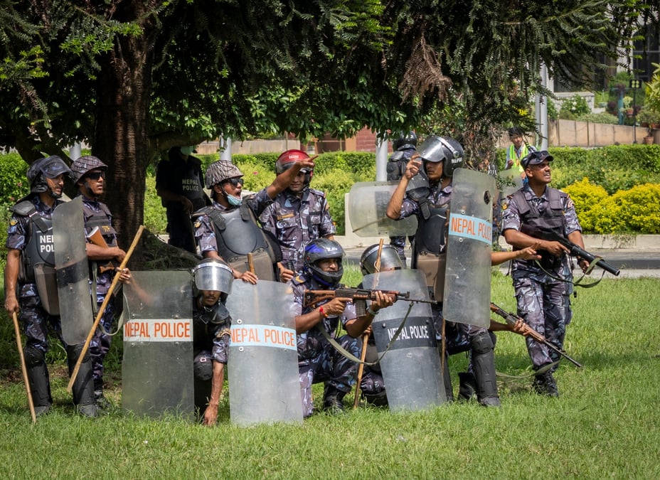 Security forces outside Parliament aim at protestors during the youth-led protests on 8 September. Photo: NARENDRA SHRESTHA