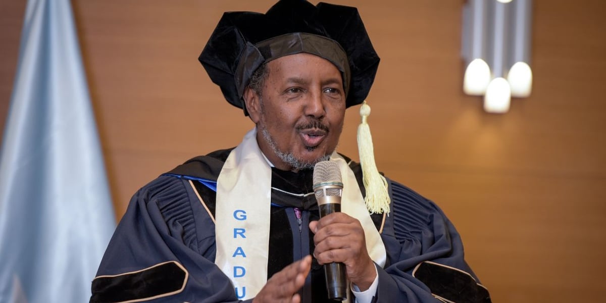 Somalia's President Hassan Sheikh Mohamud speaks at UPEACE graduation ceremony after being conferred a Doctorate degree in Peace, Governance and Development in Somalia, 2 December 2022. PHOTO: WIKI COMMONS