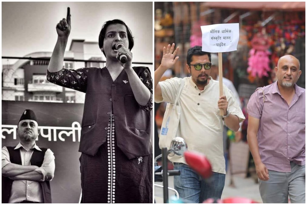 UNCOMMON SENSE: Bibeksheel Nepali founder Ujwal Thapa with Ranju Darshana (now Neupane and elected from Kathmandu-1) at a public event in 2018 (left) and with Biraj Bhakta Shrestha, who was electied from Kathmandu-8 at a protest against the Guthi Bill in 2019 (right). Photo: SOCIAL MEDIA (left) / BIRAJ BHAKTA SHRESTHA (right)