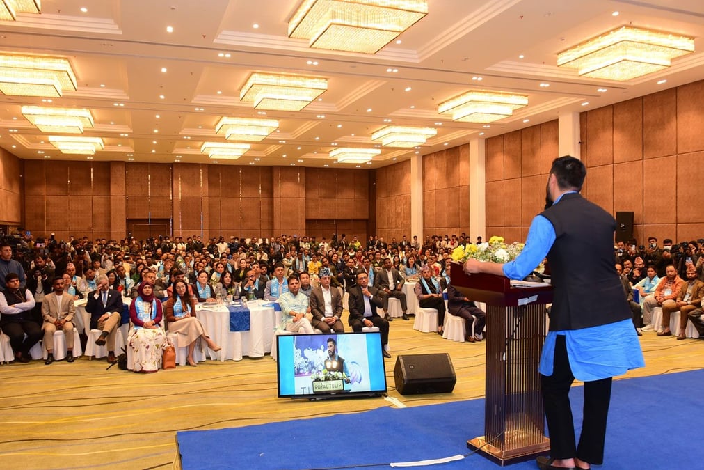 RSP chair Rabi Lamichhane address the newly elected MPs from the party during their two-day orientation at Hotel Tulip in Lalitpur this week. Photo: RSP / FACEBOOK
