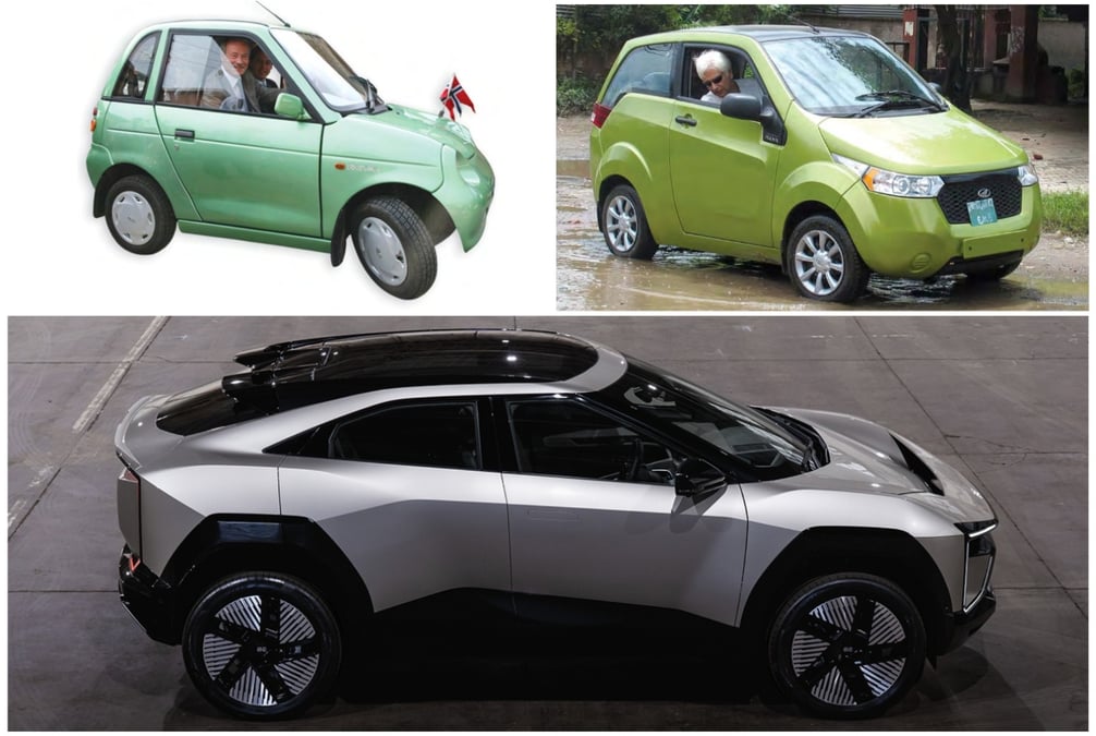 EV EVOLUTION: (clockwise) The Reva two-seater first introduced to Nepal in 2022 by Lotus Energy, was the official car of Norwegian Ambassador Tore Toreng. After Mahindra acquired Reva, it upgraded the model to the e20 in the 2010s. And now there is the futuristic Mahindra BE 6.