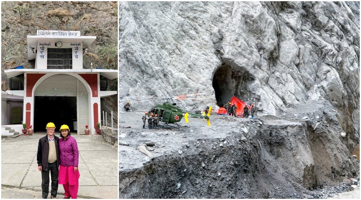 Damber Bahadur Nepali and his wife at the entrance to the Chilime Hydropower plant, and the same place after the flood.