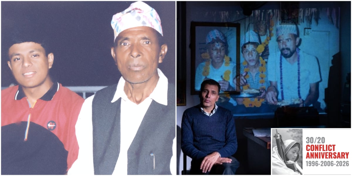 NO CLOSURE: A photo of Ram Bhandari and his father, Tej Bahadur Bhandari, 25 years ago (left). He was abducted by soldiers from Besisahar and never seen again.

In the same district a year later, Suman Adhikari's father Muktinath Adhikari was taken away from a science class he was teaching by Maoist guerrillas, tied to a tree and executed. Suman Adhikari is pictured (right) in front of a photo of himself and siblings with his father.