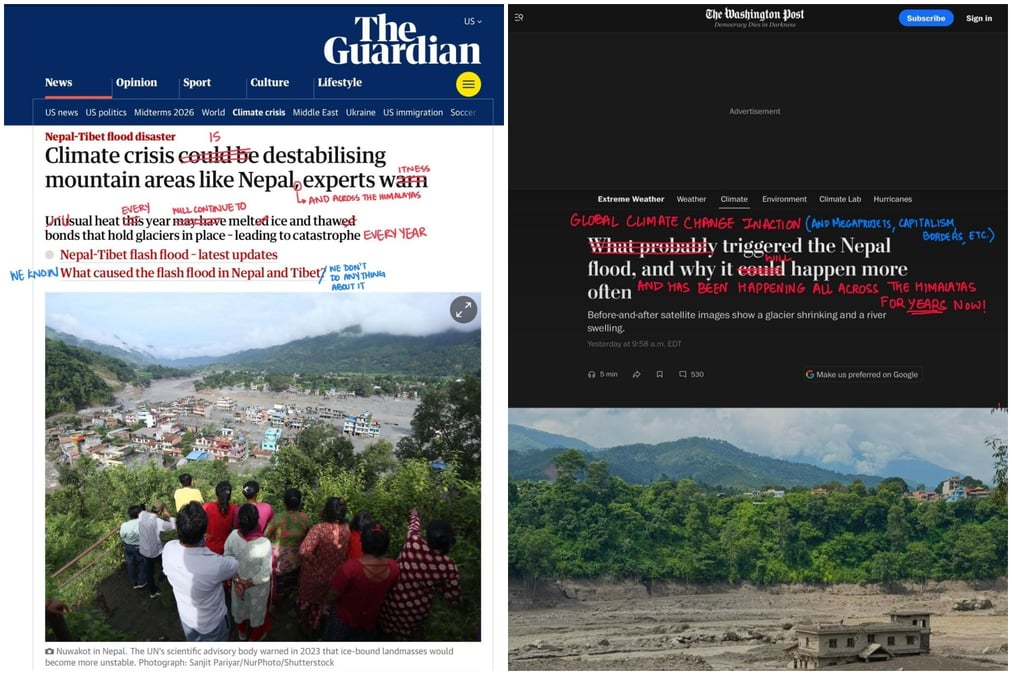 Headlines from The Guardian (left) and The Washington Post (right) covering the Nepal-Tibet flood, marked in red by designers and former Harvard classmates Fatima Hamdani and Bhavya Jain. Photos: FATIMA HAMDANI AND BHAVYA JAIN / INSTAGRAM