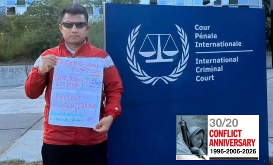 Lenin Bista at the International Criminal Court in The Hague earlier this year to pursue justice for child soldiers.