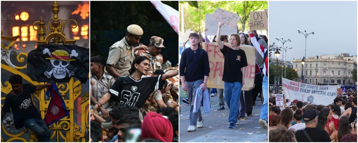 (From left to right) Protests in Nepal, India, France, and Spain.