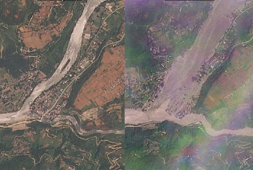 Before and after damage at Betrawati in Nepal.