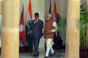 Prime Minister Pushpa Kamal Dahal with Prime Minister of India Narendra Modi at Hyderabad House in New Delhi on Friday.