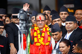 Chairman of CPN (Maoist-Center) Pushpa Kamal Dahal after being elected as the 39th prime minister of Nepal outside the Parliament on Wednesday.