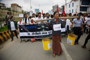 Participants in a rally in Babarmahal on Saturday to show their support for Govinda KC, who has been on a hunger strike for the past 14 days demanding reforms in the medical education sector.