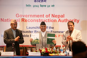 Foreign Affairs Minister Kamal Thapa, Prime Minister KP Oli and Reconstruction Authority’s CEO Sushil Gyewali at the launch of the post disaster recovery framework in Soaltee Crowne Plaza, Kathmandu on Thursday.
