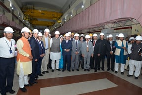 Prime Minister Pushpa Kamal Dahal, who is on a four-day state visit to India, poses for a group photo after inspecting the 1500 MW Nathpa Jhakri hydropower project in Himachal Pradesh.
