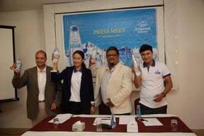 (From left to right) Shreedhar Pandey of Freedom Export, Former Miss Nepal Subin Limbu, Pawan Chitrakar and Milan Shrestha of Dynamic Dream Tradelink at the launch of Everest Glacier mineral water in Tangal on Thursday.