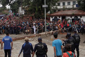 Lingo, the wooden pole erected to mark the beginning of the Indra Jatra Festival, falls injuring two in Kathmandu Darbar Square on Tuesday.