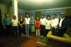 Ambassador of Denmark to Nepal, Kirsten Rosenvold Geelan (centre), with Nepali artists selected to exhibit in the Moesgaard Museum, Denmark at curator Sangeeta Thapa's (to the right of the Ambassador) residence in Maligaon, Kathmandu on Friday.