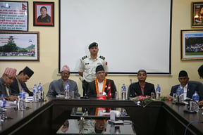 Prime Minister Pushpa Kamal Dahal in a meeting with Chief Elections Commissioner Ayodhee Prasad Yadav and other officials of the Elections Commissions in Kathmandu on Monday.