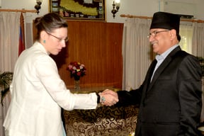 US Ambassador Alaina B. Teplitz shakes hands with Prime Minister Pushpa Kamal Dahal during the courtesy call at Baluwatar on Monday.