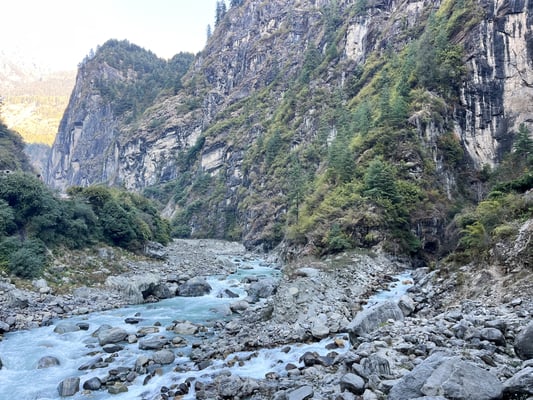 The Dona River flows through Manang's Dharapani village.
