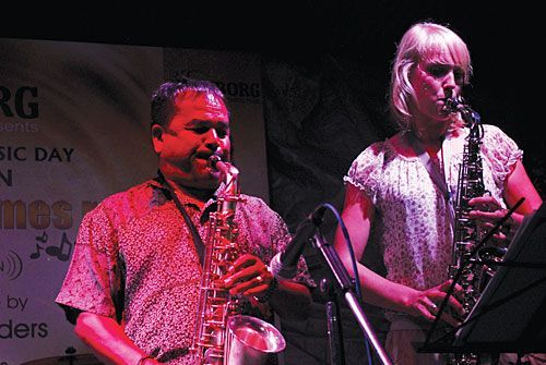 CROSSING CULTURES: General Subha Bahadur Sunam jams with Rebecca at the Police Club on International Music Day, Monday.