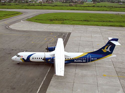 BIRD'S EYE VIEW: The view from the Biratnagar airport control tower of Buddha Air's new ATR-72 aircraft as it flew in from Kathmandu on Wednesday on a proving flight. The airline will soon have four ATRs and will be starting international flights to Bhutan and India this autumn.