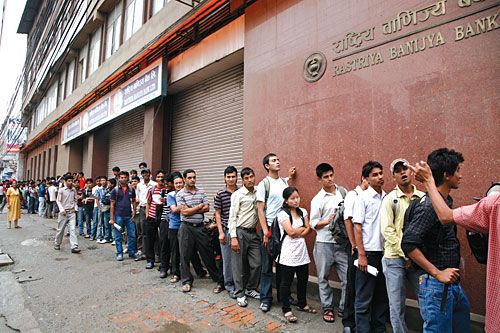 WHEN'S YOUR NUMBER? Students line up outside Nepal Telecom office at Teku to suscribe to new pre-paid SIM cards on Saturday. Nepal Telecom has introduced a discounted rate of Rs 525 for students.