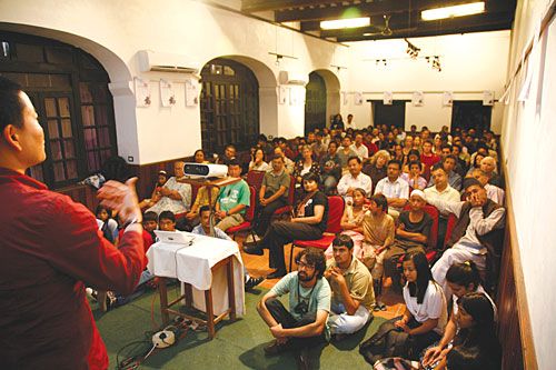 GIMME NON-FICTION: Ani Choying Dolma addresses the audience at Travelling Film South Asia after the screening of its opening film, Children of God, at Yala Maya Kendra on Friday.
