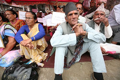 OLD WISDOM: Members of Senior Citizens' Society Nepal stage a sit-in protest outside the CA building on Wednesday, demanding timely formation of the new government, completion of the constitution and assurance of peace and security.