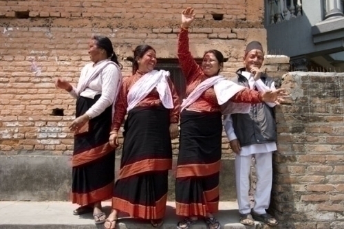 CPN Maoist supporters from the Newar community outside the party office in Kupondole, Lalitpur, celebrating victory.