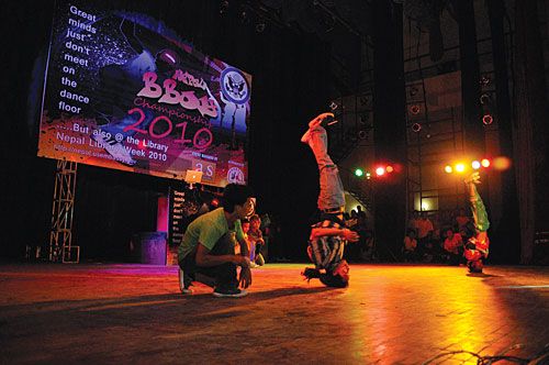 BREAK DANCING: Participants perform at the Nepal B Boy Championship 2010 held at the Rastriya Nach Ghar on Sunday. The Everest All Stars A won the competition.