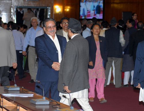 SEE YOU AGAIN: The two leaders who couldn't muster a majority for the sixth time shake hands at the end of voting on Monday afternoon at the CA.